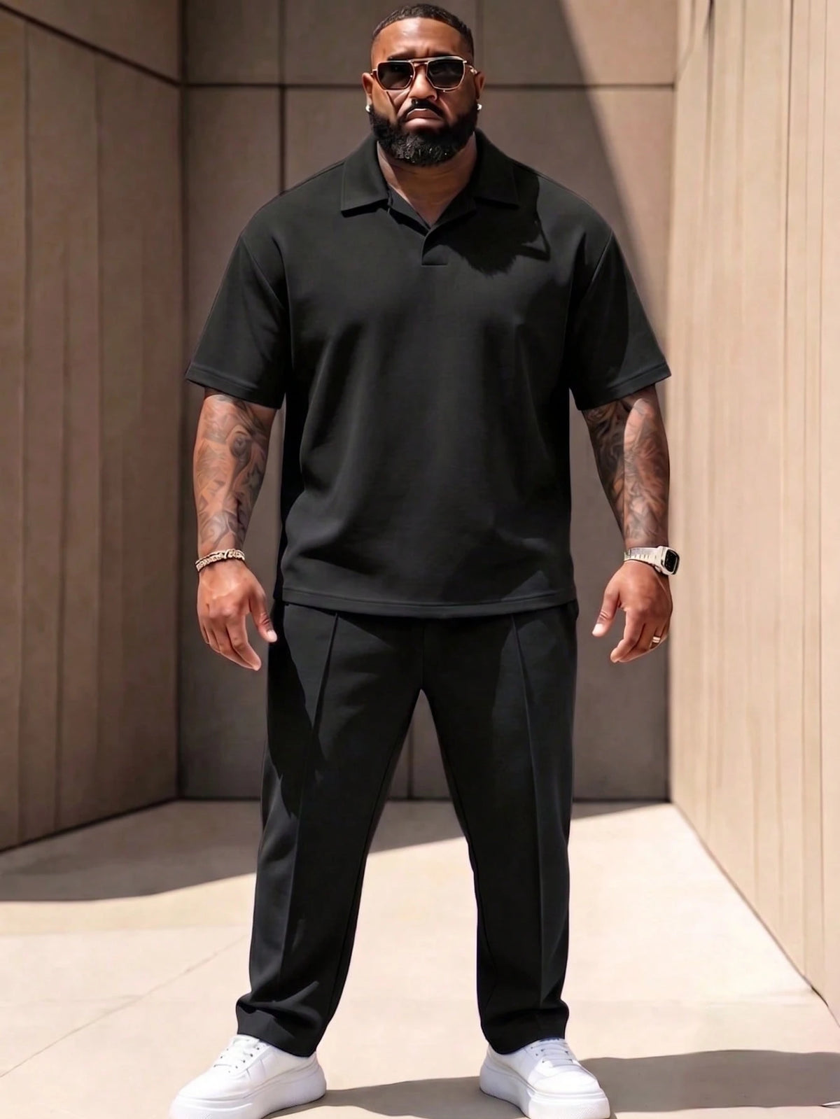 Men's Plus Size 2-Piece Set, Autumn Short Sleeve Top & Pants, Men's Plus Size Solid Color T-Shirt Set