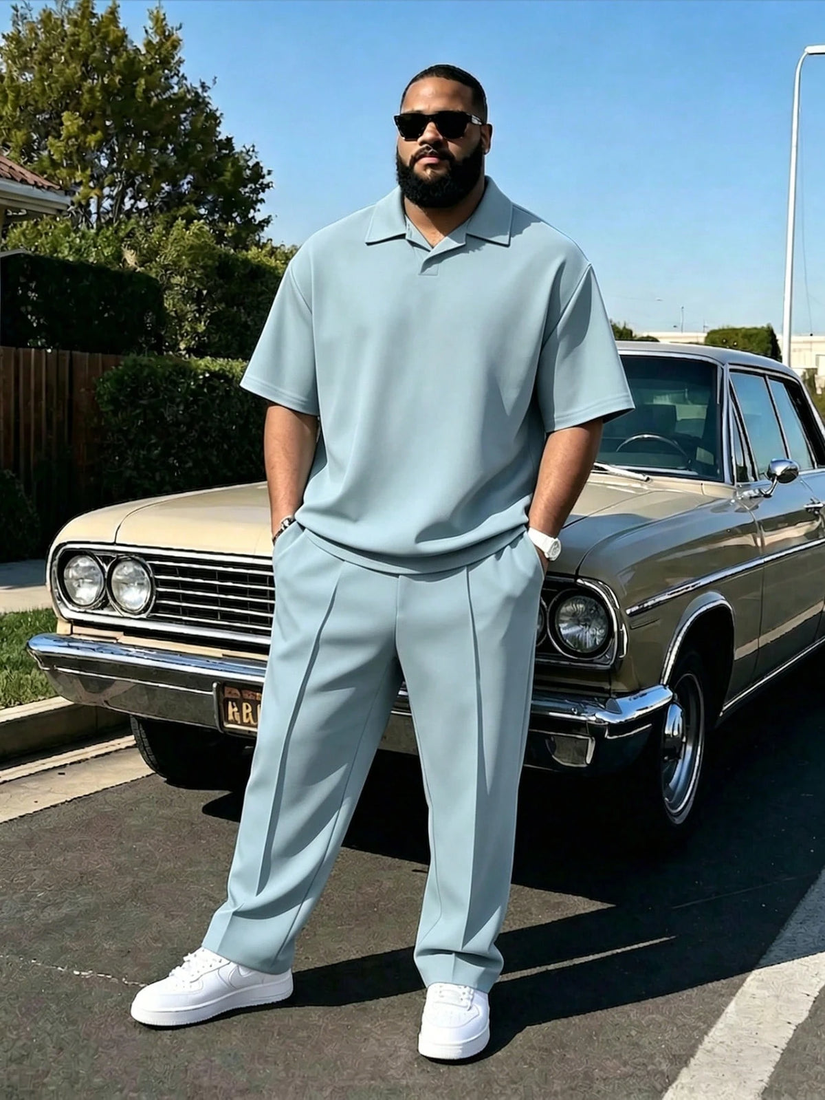 Men's Plus Size 2-Piece Set, Autumn Short Sleeve Top & Pants, Men's Plus Size Solid Color T-Shirt Set