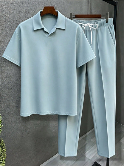 Men's Plus Size 2-Piece Set, Autumn Short Sleeve Top & Pants, Men's Plus Size Solid Color T-Shirt Set