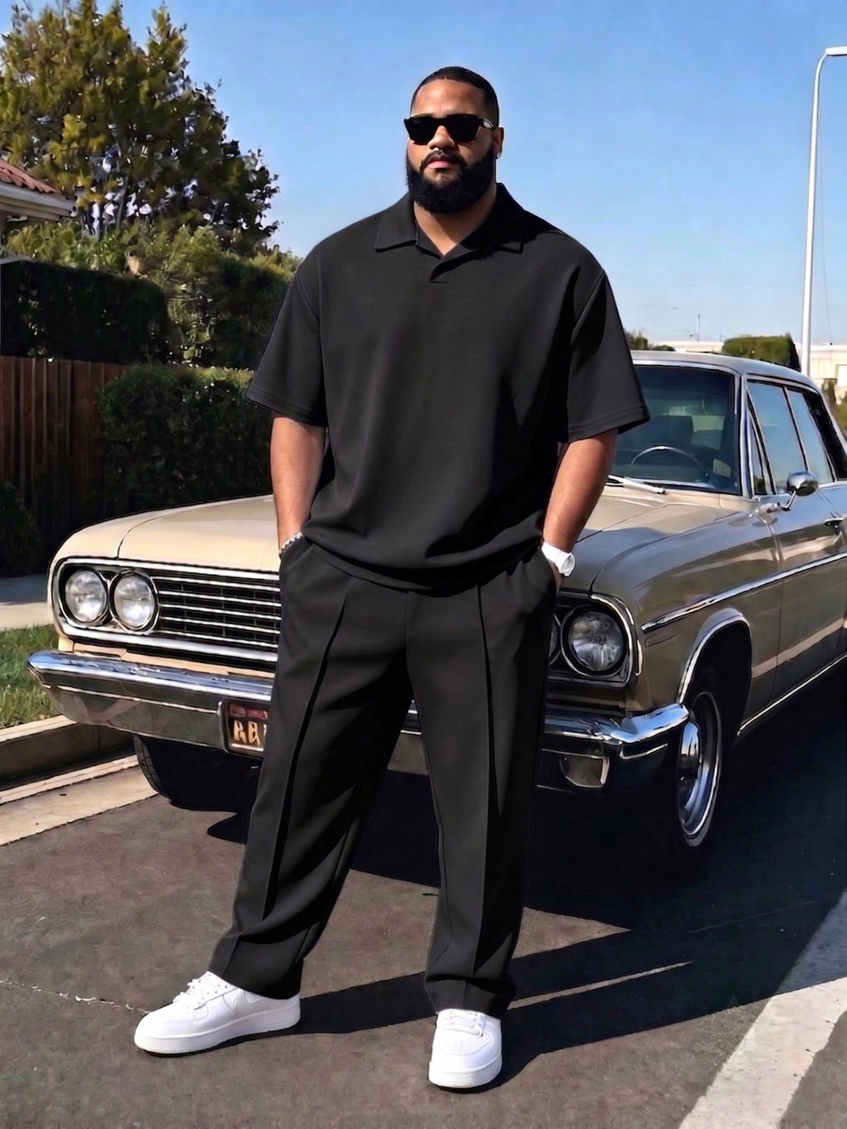 Men's Plus Size 2-Piece Set, Autumn Short Sleeve Top & Pants, Men's Plus Size Solid Color T-Shirt Set