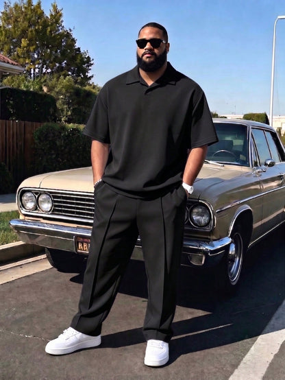 Men's Plus Size 2-Piece Set, Autumn Short Sleeve Top & Pants, Men's Plus Size Solid Color T-Shirt Set