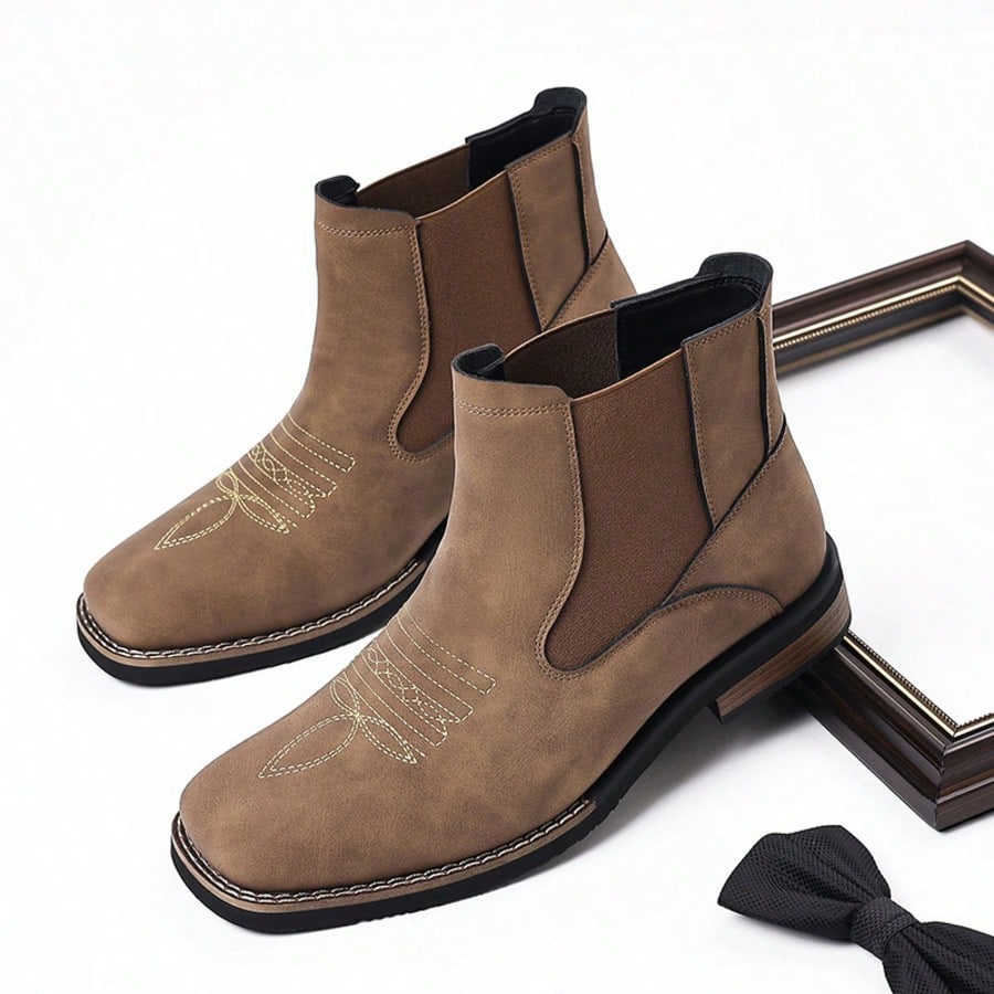 Men's Retro Denim Ankle Boots, Solid Color Suede Imitation Square Toe Western Embroidery Elastic Patchwork Chelsea Boots, Street Casual Shoes