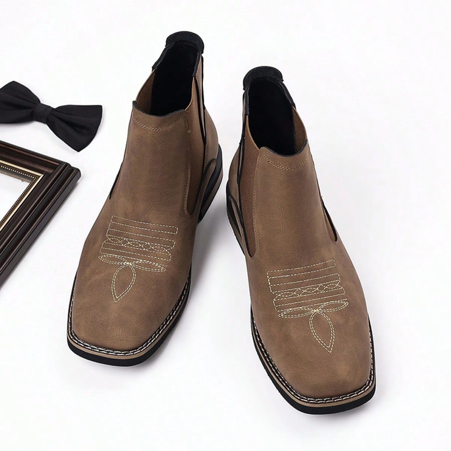 Men's Retro Denim Ankle Boots, Solid Color Suede Imitation Square Toe Western Embroidery Elastic Patchwork Chelsea Boots, Street Casual Shoes
