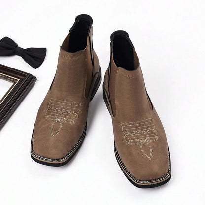 Men's Retro Denim Ankle Boots, Solid Color Suede Imitation Square Toe Western Embroidery Elastic Patchwork Chelsea Boots, Street Casual Shoes