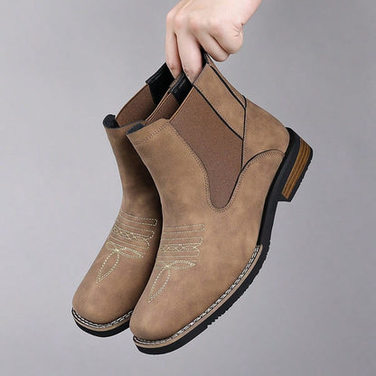 Men's Retro Denim Ankle Boots, Solid Color Suede Imitation Square Toe Western Embroidery Elastic Patchwork Chelsea Boots, Street Casual Shoes