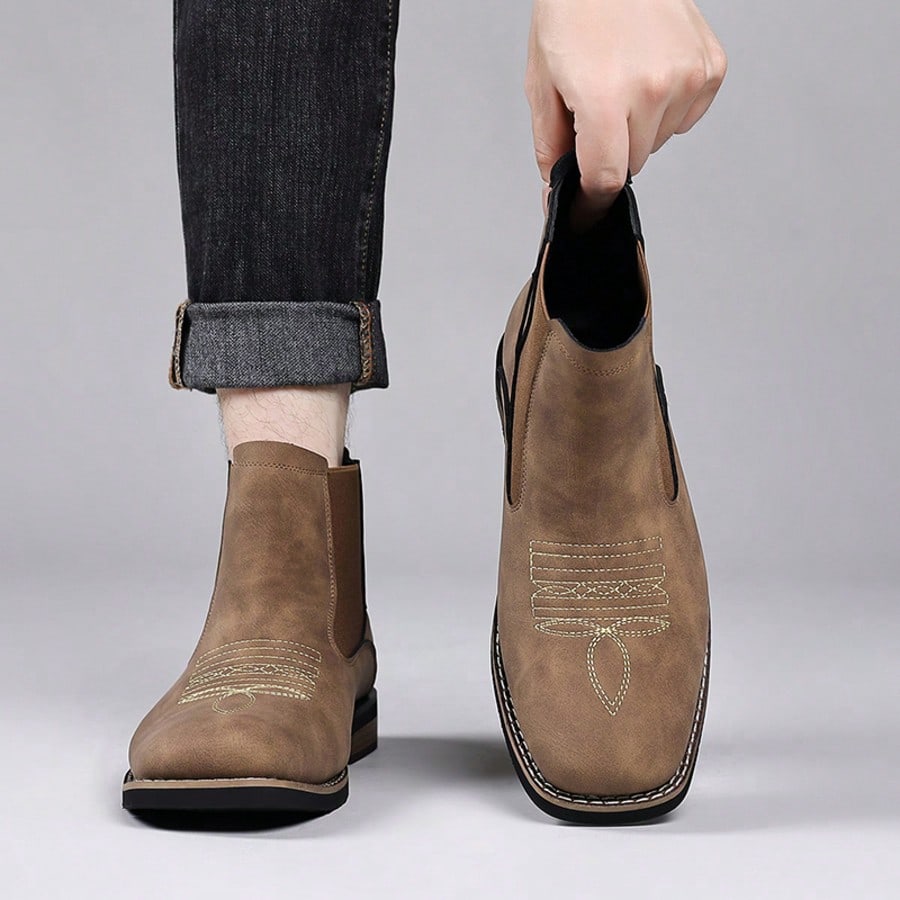 Men's Retro Denim Ankle Boots, Solid Color Suede Imitation Square Toe Western Embroidery Elastic Patchwork Chelsea Boots, Street Casual Shoes