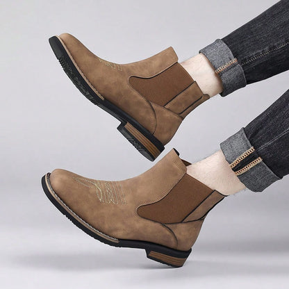Men's Retro Denim Ankle Boots, Solid Color Suede Imitation Square Toe Western Embroidery Elastic Patchwork Chelsea Boots, Street Casual Shoes