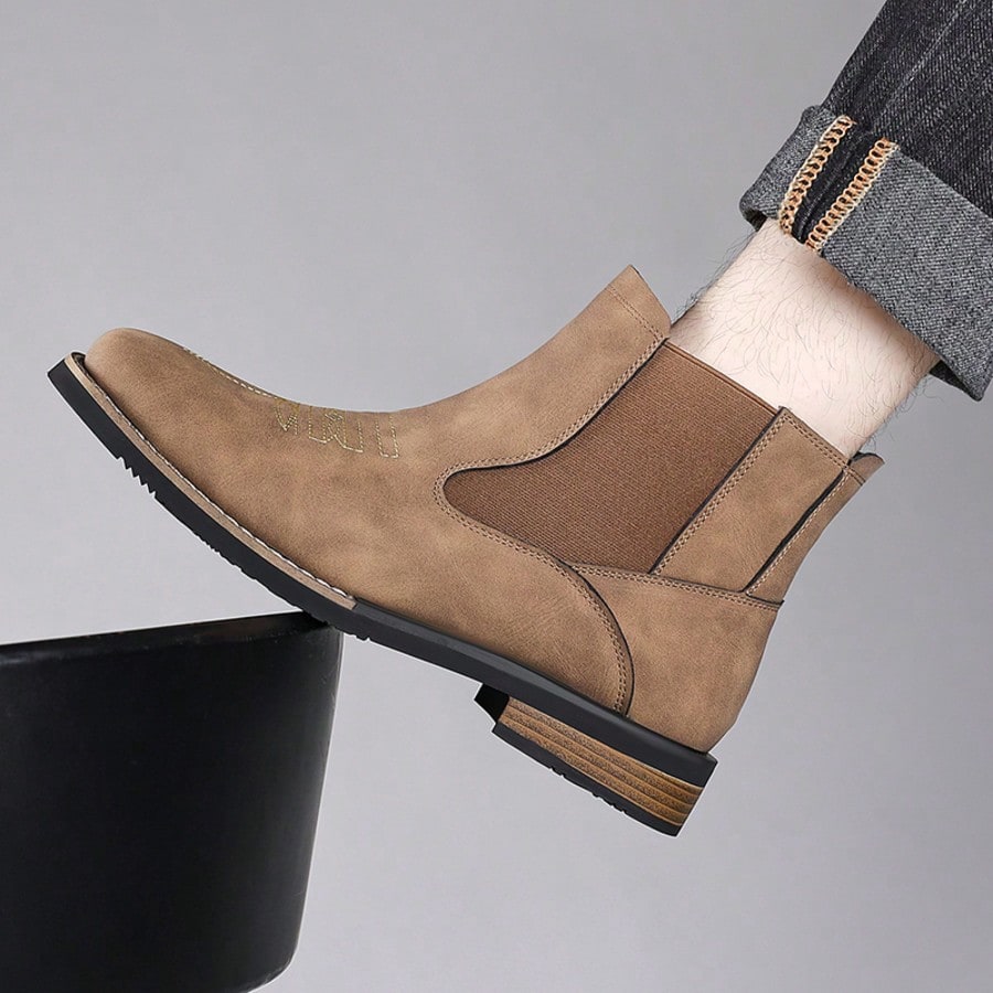 Men's Retro Denim Ankle Boots, Solid Color Suede Imitation Square Toe Western Embroidery Elastic Patchwork Chelsea Boots, Street Casual Shoes