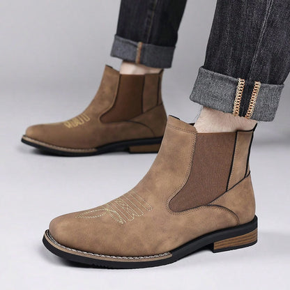 Men's Retro Denim Ankle Boots, Solid Color Suede Imitation Square Toe Western Embroidery Elastic Patchwork Chelsea Boots, Street Casual Shoes