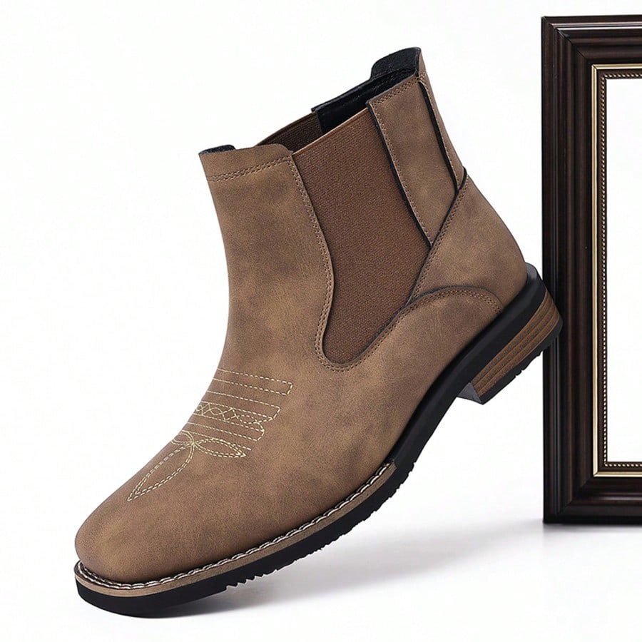 Men's Retro Denim Ankle Boots, Solid Color Suede Imitation Square Toe Western Embroidery Elastic Patchwork Chelsea Boots, Street Casual Shoes