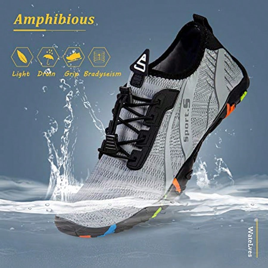 Men's Water Shoes, Quick-Dry Breathable Aqua Socks, Lightweight Non-Slip Beach Shoes For Water Sports, Surfing, Yoga & Daily Walking,Light Gray
