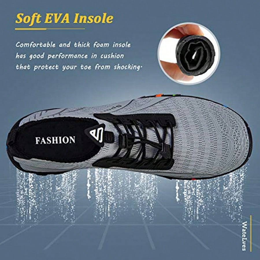 Men's Water Shoes, Quick-Dry Breathable Aqua Socks, Lightweight Non-Slip Beach Shoes For Water Sports, Surfing, Yoga & Daily Walking,Light Gray