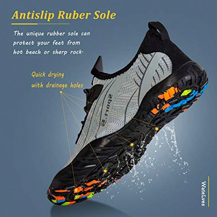 Men's Water Shoes, Quick-Dry Breathable Aqua Socks, Lightweight Non-Slip Beach Shoes For Water Sports, Surfing, Yoga & Daily Walking,Light Gray