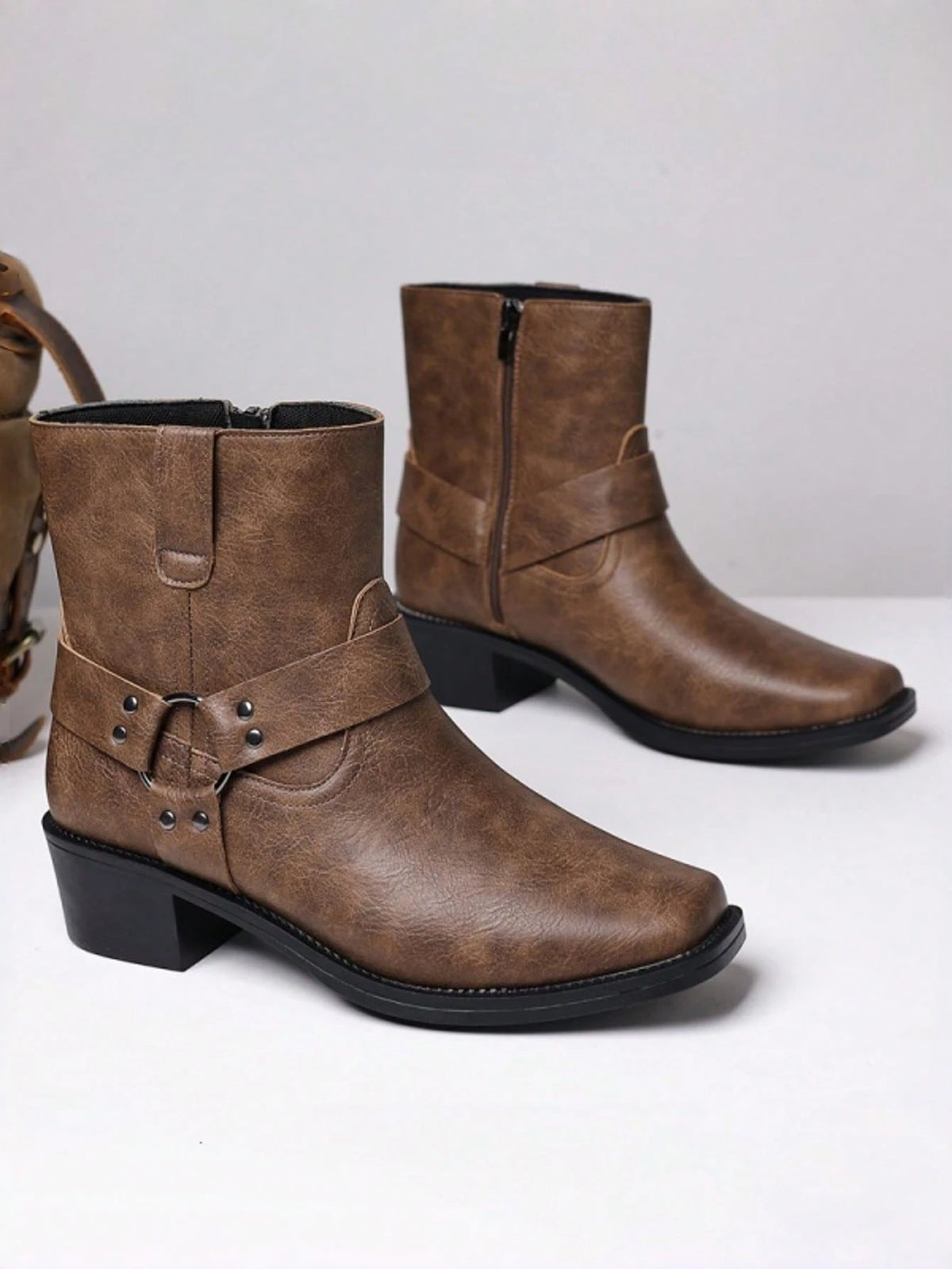 Men's Western Faux Leather Ankle Boots, Square Toe Metal Studded Harness Booties With Side Zipper Block Heel, Non-Slip Comfort Casual Cowboy Footwear