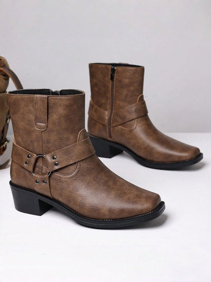 Men's Western Faux Leather Ankle Boots, Square Toe Metal Studded Harness Booties With Side Zipper Block Heel, Non-Slip Comfort Casual Cowboy Footwear