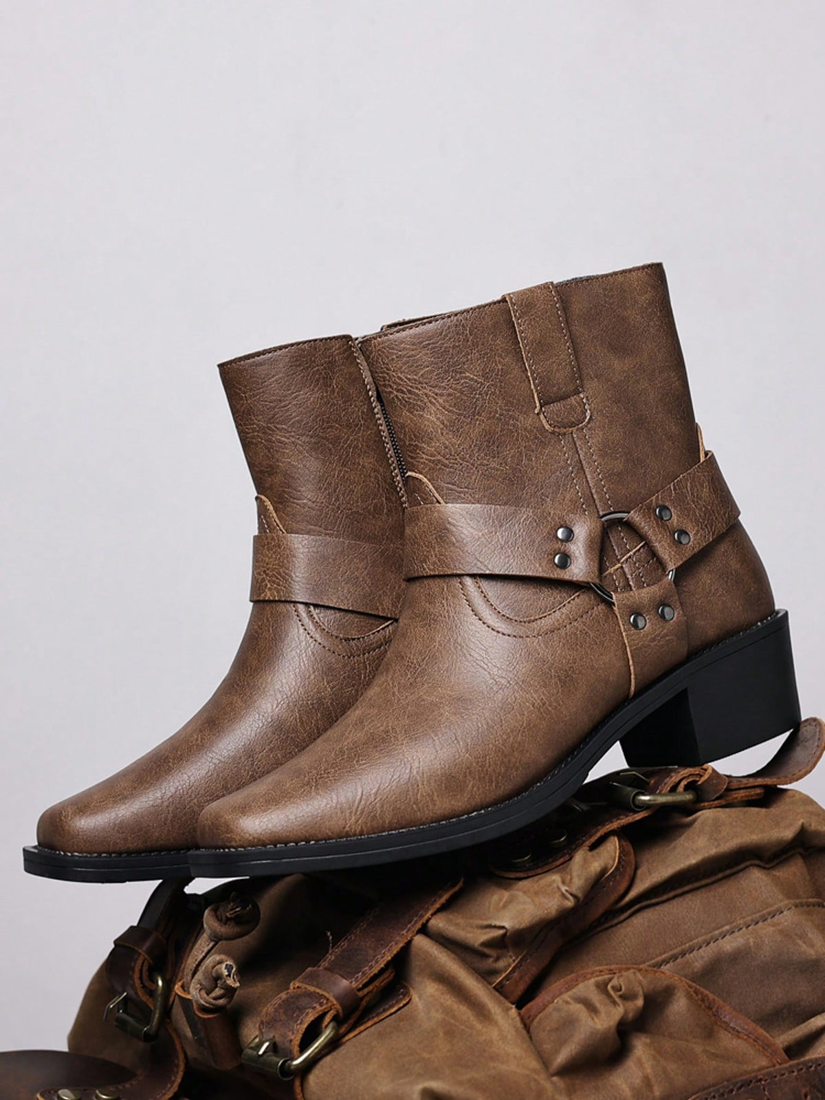 Men's Western Faux Leather Ankle Boots, Square Toe Metal Studded Harness Booties With Side Zipper Block Heel, Non-Slip Comfort Casual Cowboy Footwear