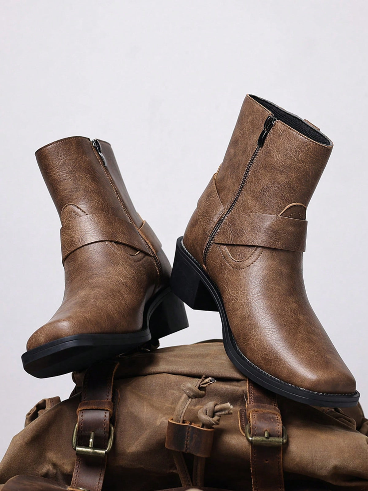 Men's Western Faux Leather Ankle Boots, Square Toe Metal Studded Harness Booties With Side Zipper Block Heel, Non-Slip Comfort Casual Cowboy Footwear