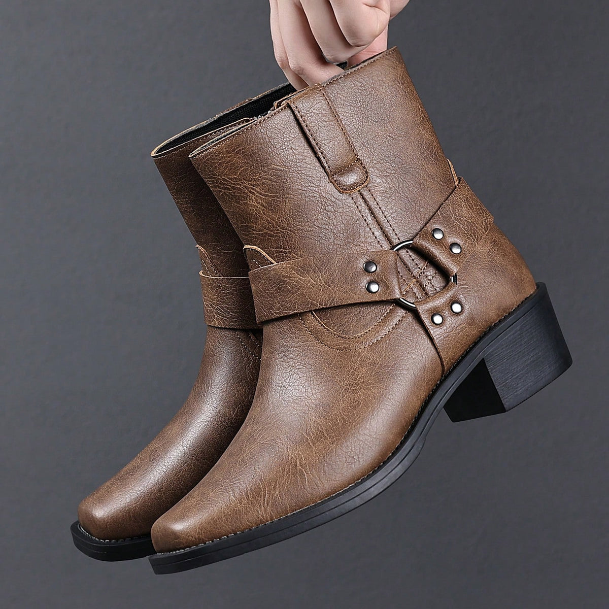 Men's Western Faux Leather Ankle Boots, Square Toe Metal Studded Harness Booties With Side Zipper Block Heel, Non-Slip Comfort Casual Cowboy Footwear