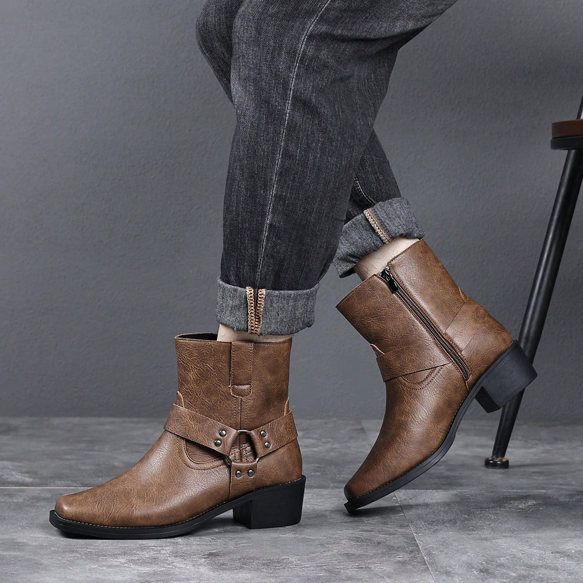 Men's Western Faux Leather Ankle Boots, Square Toe Metal Studded Harness Booties With Side Zipper Block Heel, Non-Slip Comfort Casual Cowboy Footwear