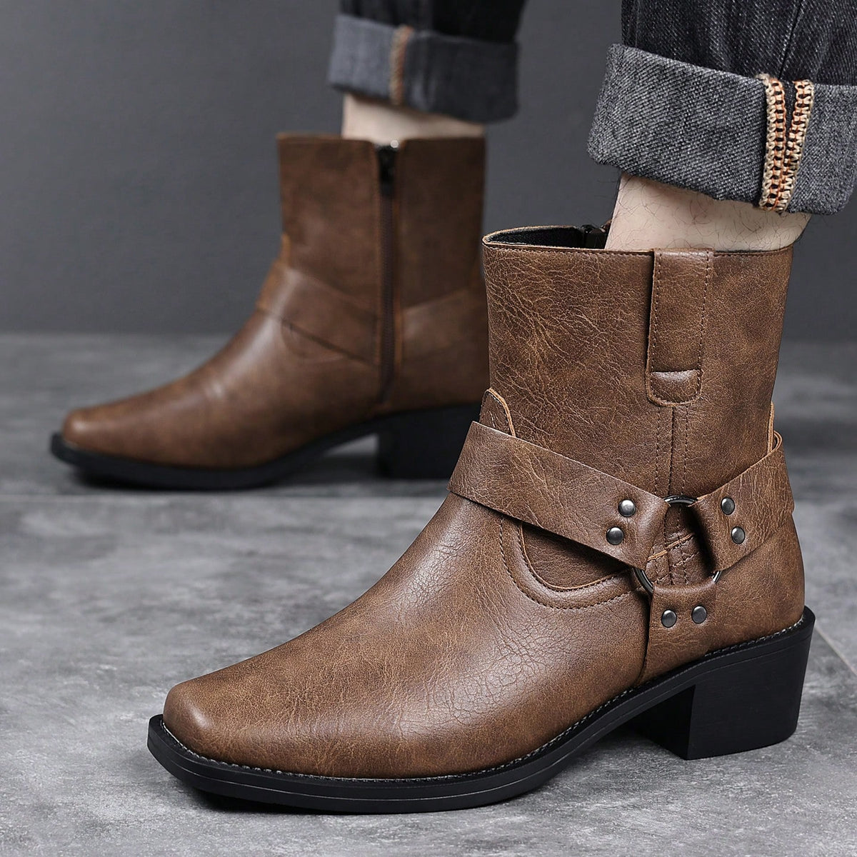 Men's Western Faux Leather Ankle Boots, Square Toe Metal Studded Harness Booties With Side Zipper Block Heel, Non-Slip Comfort Casual Cowboy Footwear