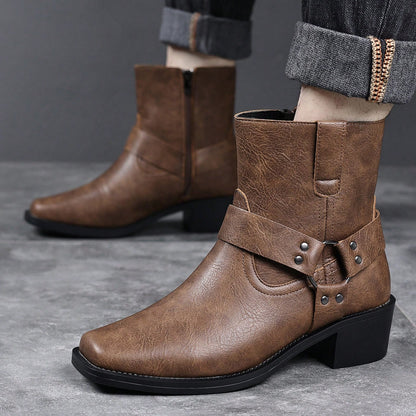 Men's Western Faux Leather Ankle Boots, Square Toe Metal Studded Harness Booties With Side Zipper Block Heel, Non-Slip Comfort Casual Cowboy Footwear