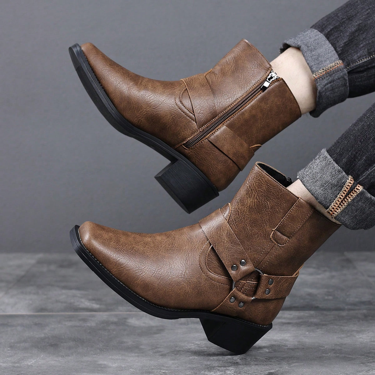 Men's Western Faux Leather Ankle Boots, Square Toe Metal Studded Harness Booties With Side Zipper Block Heel, Non-Slip Comfort Casual Cowboy Footwear