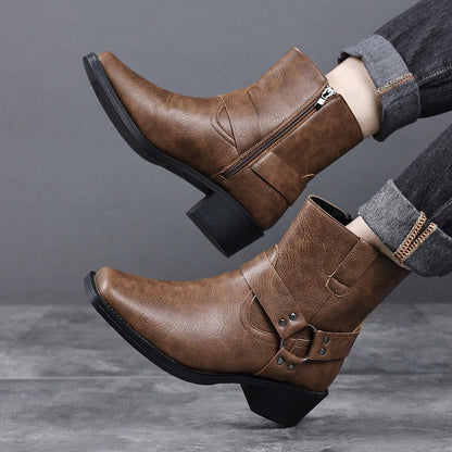 Men's Western Faux Leather Ankle Boots, Square Toe Metal Studded Harness Booties With Side Zipper Block Heel, Non-Slip Comfort Casual Cowboy Footwear