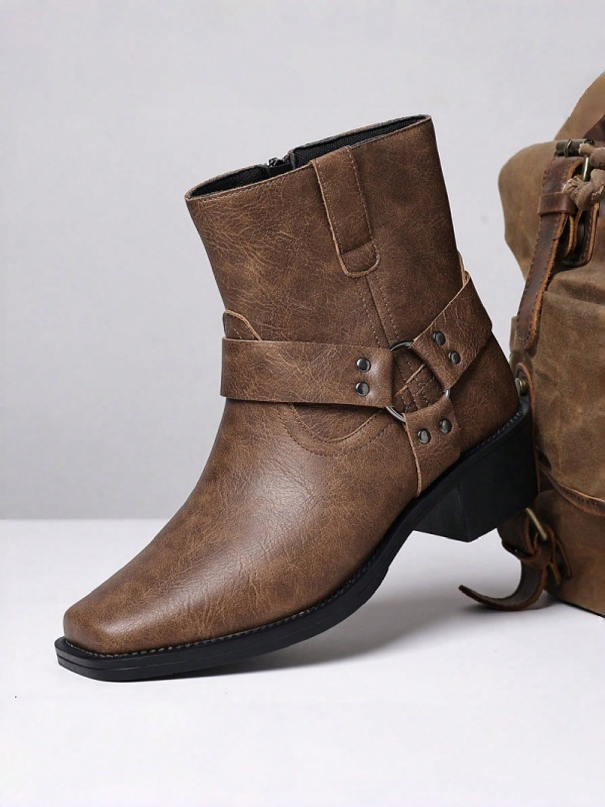 Men's Western Faux Leather Ankle Boots, Square Toe Metal Studded Harness Booties With Side Zipper Block Heel, Non-Slip Comfort Casual Cowboy Footwear