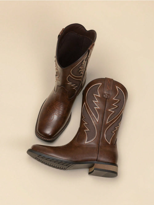 Men's Western Premium Leather Cowboy Boots Square Toe Pull On Embroidered Design All Seasons Comfort,Durable Leather Retro Short Boot Country Chic