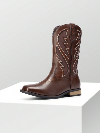 Men's Western Premium Leather Cowboy Boots Square Toe Pull On Embroidered Design All Seasons Comfort,Durable Leather Retro Short Boot Country Chic