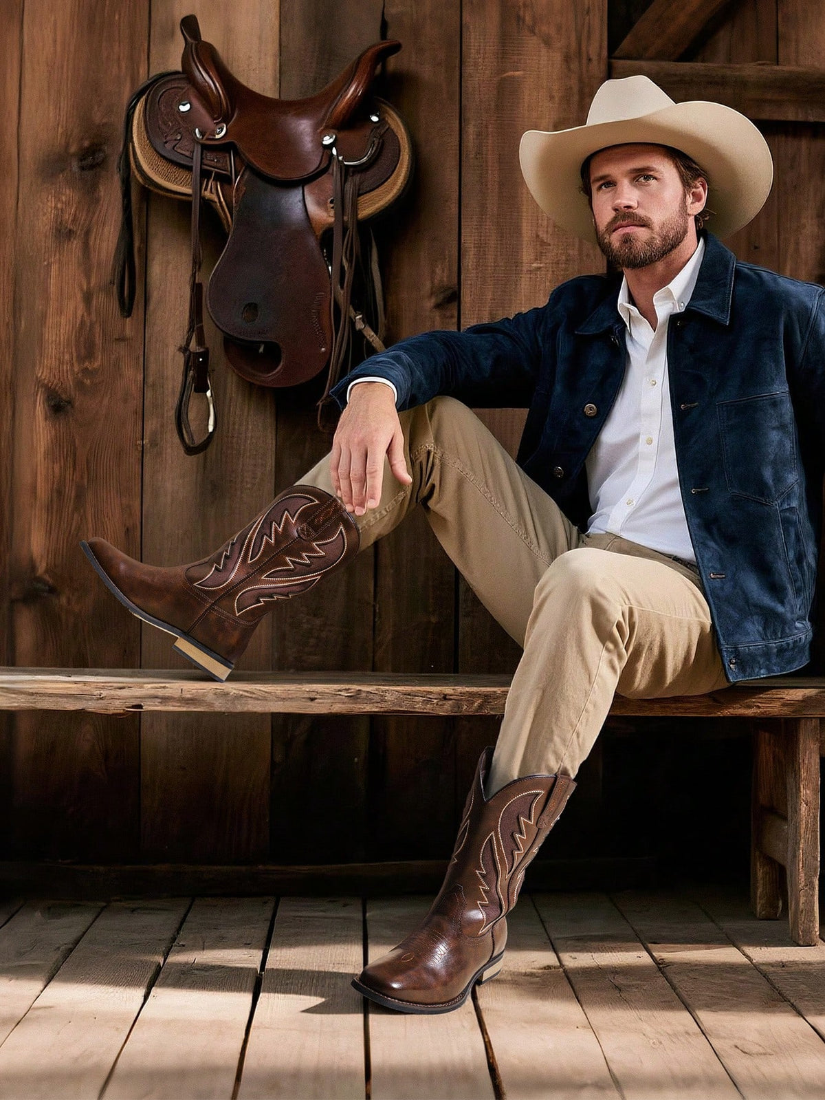 Men's Western Premium Leather Cowboy Boots Square Toe Pull On Embroidered Design All Seasons Comfort,Durable Leather Retro Short Boot Country Chic