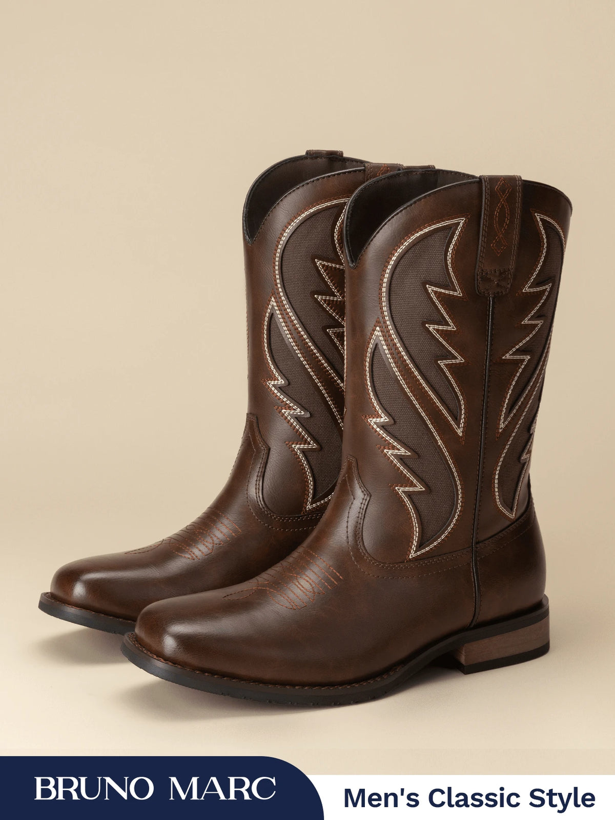 Men's Western Premium Leather Cowboy Boots Square Toe Pull On Embroidered Design All Seasons Comfort,Durable Leather Retro Short Boot Country Chic