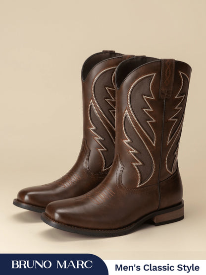 Men's Western Premium Leather Cowboy Boots Square Toe Pull On Embroidered Design All Seasons Comfort,Durable Leather Retro Short Boot Country Chic