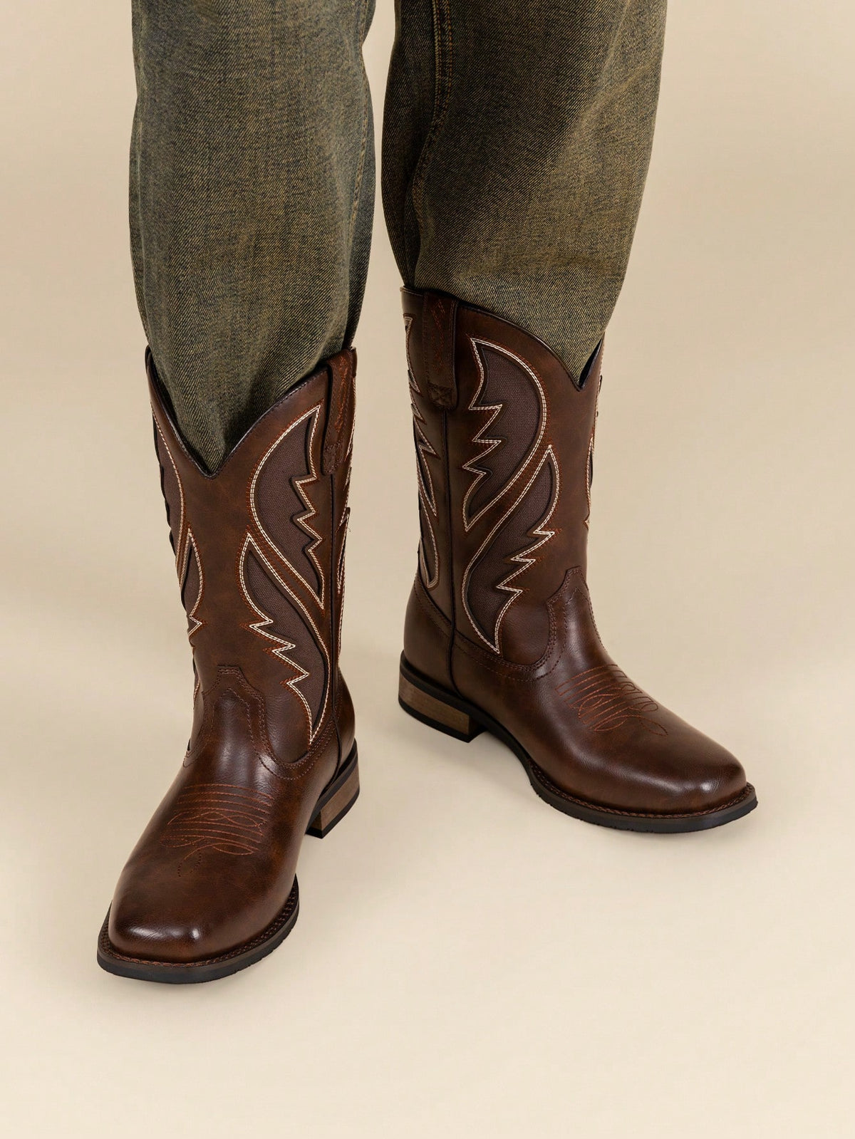 Men's Western Premium Leather Cowboy Boots Square Toe Pull On Embroidered Design All Seasons Comfort,Durable Leather Retro Short Boot Country Chic