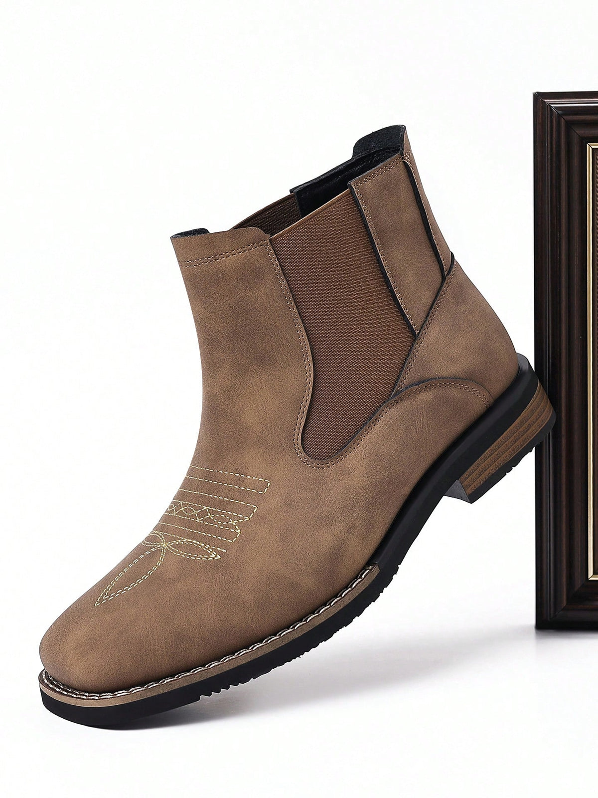 Mens Western Chelsea Ankle Boots Faux Suede Square Toe Embroidered Vamp Elastic Side Panels Pull Tabs Low Heel Casual Work Daily Wear Fall Winter