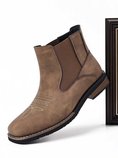 Mens Western Chelsea Ankle Boots Faux Suede Square Toe Embroidered Vamp Elastic Side Panels Pull Tabs Low Heel Casual Work Daily Wear Fall Winter