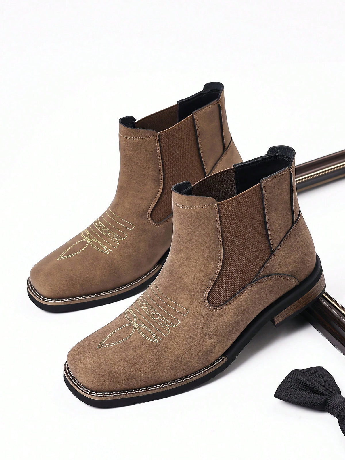 Mens Western Chelsea Ankle Boots Faux Suede Square Toe Embroidered Vamp Elastic Side Panels Pull Tabs Low Heel Casual Work Daily Wear Fall Winter
