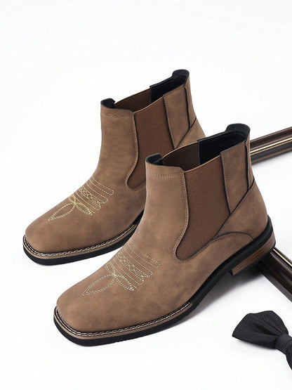 Mens Western Chelsea Ankle Boots Faux Suede Square Toe Embroidered Vamp Elastic Side Panels Pull Tabs Low Heel Casual Work Daily Wear Fall Winter