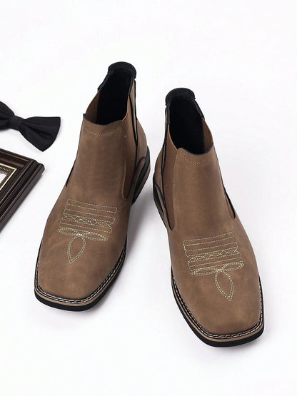Mens Western Chelsea Ankle Boots Faux Suede Square Toe Embroidered Vamp Elastic Side Panels Pull Tabs Low Heel Casual Work Daily Wear Fall Winter