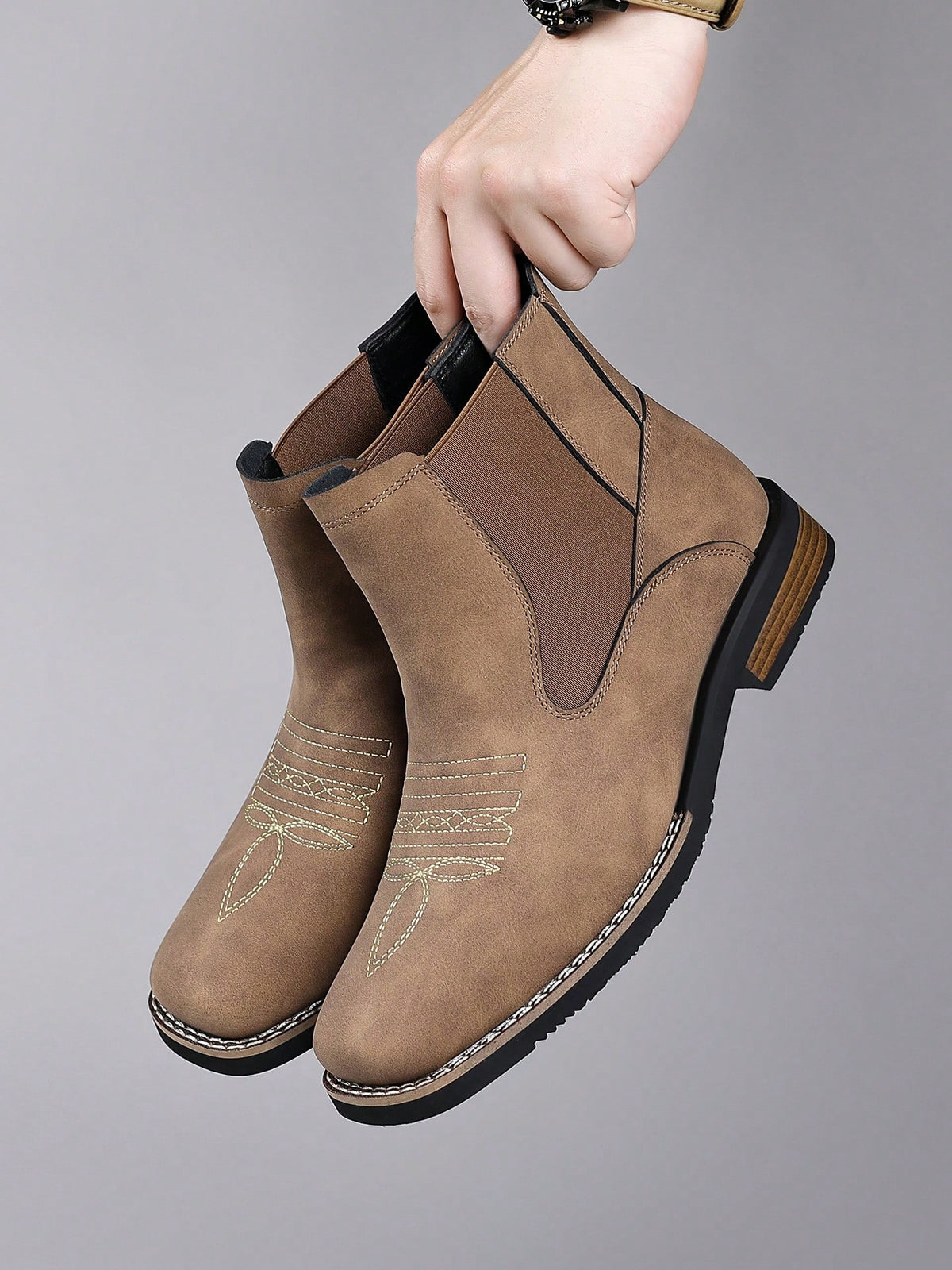 Mens Western Chelsea Ankle Boots Faux Suede Square Toe Embroidered Vamp Elastic Side Panels Pull Tabs Low Heel Casual Work Daily Wear Fall Winter