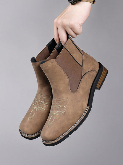 Mens Western Chelsea Ankle Boots Faux Suede Square Toe Embroidered Vamp Elastic Side Panels Pull Tabs Low Heel Casual Work Daily Wear Fall Winter