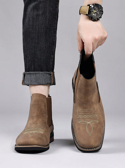 Mens Western Chelsea Ankle Boots Faux Suede Square Toe Embroidered Vamp Elastic Side Panels Pull Tabs Low Heel Casual Work Daily Wear Fall Winter