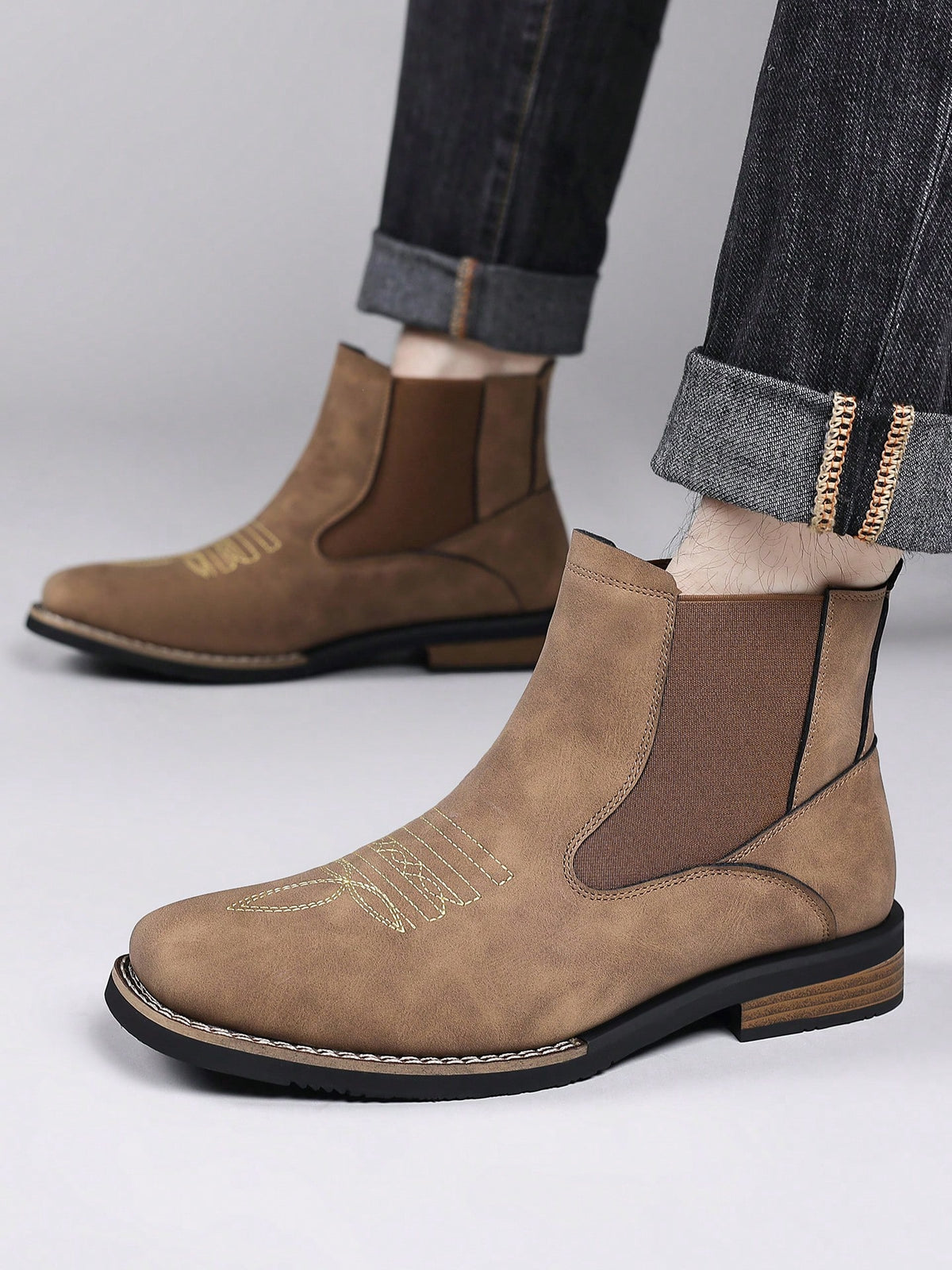 Mens Western Chelsea Ankle Boots Faux Suede Square Toe Embroidered Vamp Elastic Side Panels Pull Tabs Low Heel Casual Work Daily Wear Fall Winter