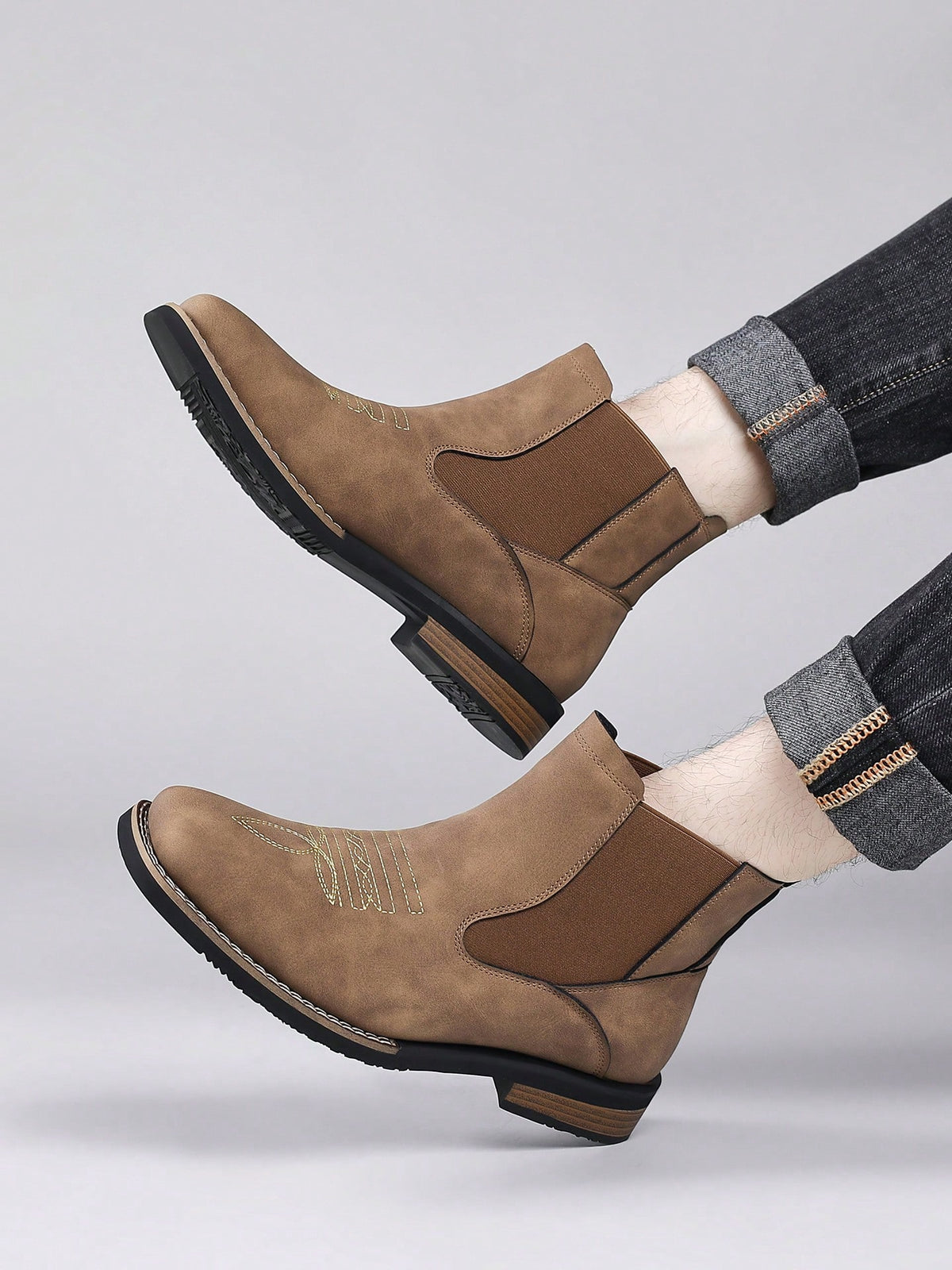 Mens Western Chelsea Ankle Boots Faux Suede Square Toe Embroidered Vamp Elastic Side Panels Pull Tabs Low Heel Casual Work Daily Wear Fall Winter