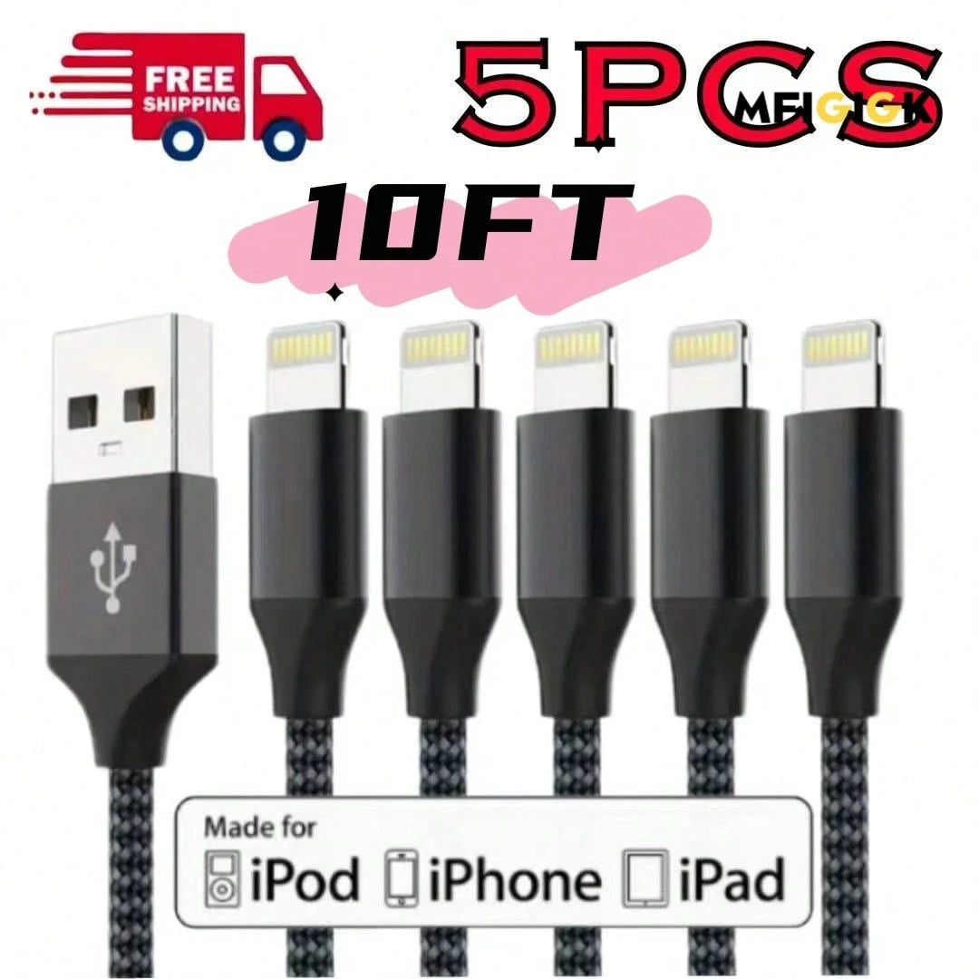 MFIGlGK 5pcs [MFi Certified] 5pcs Charging Cable, Lightning To USB Cable Lot Braided USB Cable 10ft For IPhone 14/ 13/ 12/ 11/ XS/ XR/ 8/ 7/ 6/ 5 Fast Charge Cord, MFIGlGK