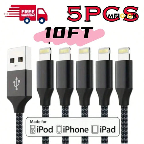 MFIGlGK 5pcs [MFi Certified] 5pcs Charging Cable, Lightning To USB Cable Lot Braided USB Cable 10ft For IPhone 14/ 13/ 12/ 11/ XS/ XR/ 8/ 7/ 6/ 5 Fast Charge Cord, MFIGlGK