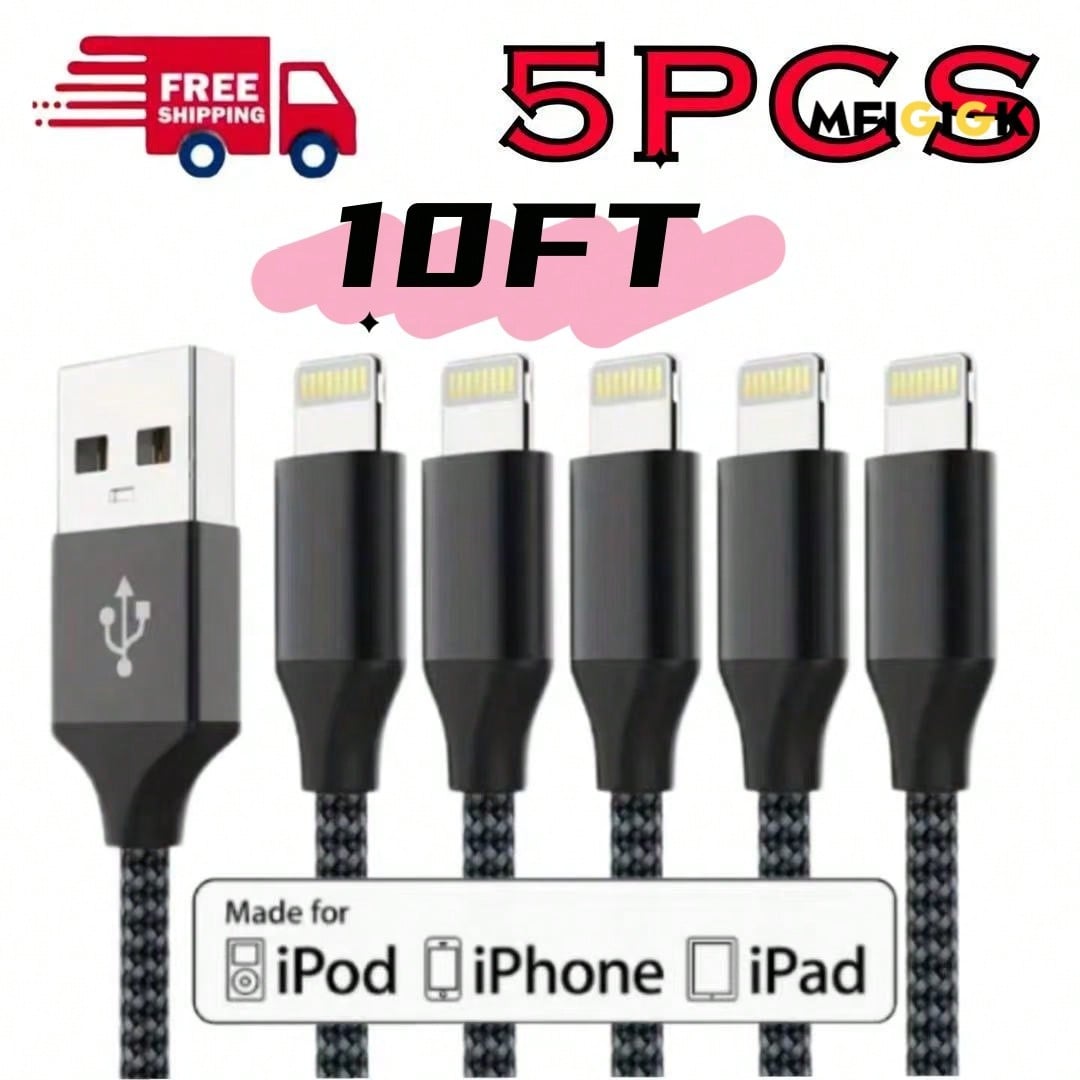 MFIGlGK 5pcs [MFi Certified] 5pcs Charging Cable, Lightning To USB Cable Lot Braided USB Cable 10ft For IPhone 14/ 13/ 12/ 11/ XS/ XR/ 8/ 7/ 6/ 5 Fast Charge Cord, MFIGlGK