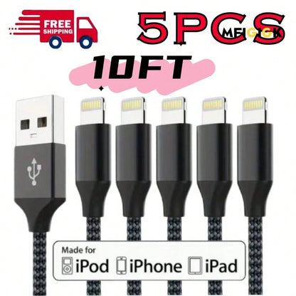 MFIGlGK 5pcs [MFi Certified] 5pcs Charging Cable, Lightning To USB Cable Lot Braided USB Cable 10ft For IPhone 14/ 13/ 12/ 11/ XS/ XR/ 8/ 7/ 6/ 5 Fast Charge Cord, MFIGlGK