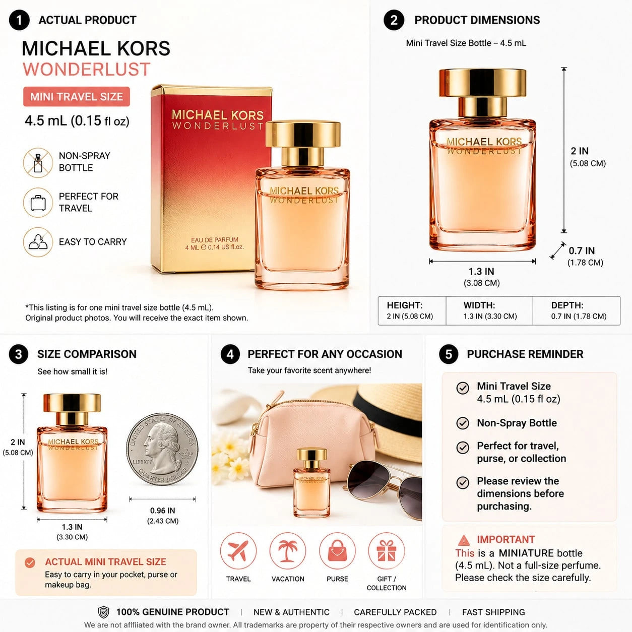 Michael Kors Wonderlust Eau De Parfum Mini 4ml/ 0.14 Fl Oz Travel Size Perfume For Women – Floral Oriental Designer Fragrance Gift For Her