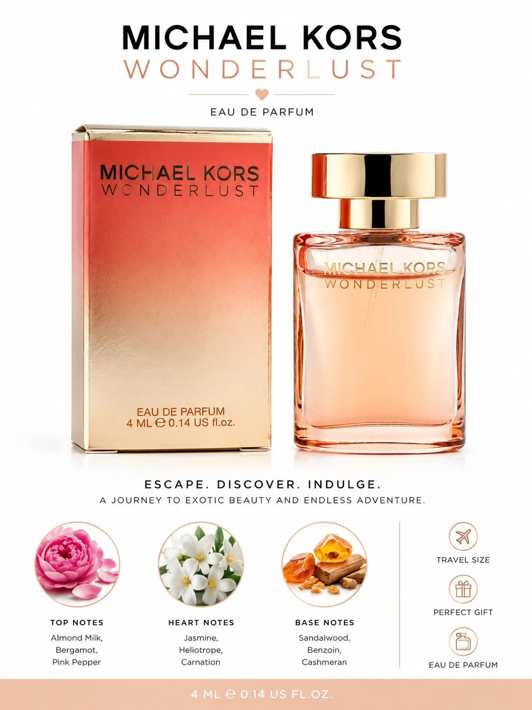 Michael Kors Wonderlust Eau De Parfum Mini 4ml/ 0.14 Fl Oz Travel Size Perfume For Women – Floral Oriental Designer Fragrance Gift For Her